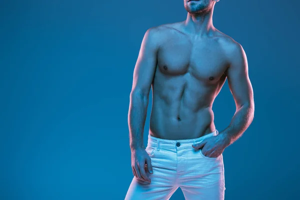 Corte vista de sexy shirtless homem no branco jeans segurando mão no bolso isolado no azul — Fotografia de Stock