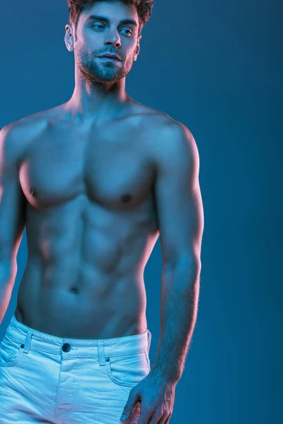 Сексуальный, мускулистый мужчина в белых джинсах, смотрящий в сторону, стоя изолированный на голубом — стоковое фото