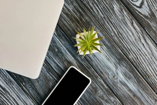 Vista superior de la computadora portátil, smartphone y planta de la casa en la superficie de madera oscura - foto de stock