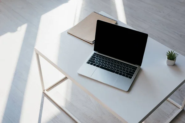 Lugar de trabajo vacío con bloc de notas, planta de la casa y portátil con pantalla en blanco - foto de stock