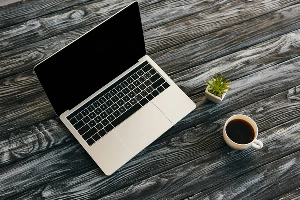 Vista dall'alto del computer portatile con schermo bianco, pianta della casa e tazza di caffè sulla superficie di legno scuro — Foto stock