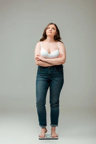 Plus size woman in jeans and bra standing with crossed arms on scales and looking up on grey — Stock Photo