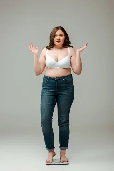 Confused plus size girl in jeans and bra standing on scales and gesturing on grey — Stock Photo