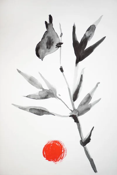 Pittura giapponese con ramo, uccelli e sole su sfondo bianco — Foto stock