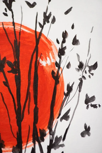 Japanische Malerei mit roter Sonne und Zweigen auf weißem Hintergrund — Stockfoto