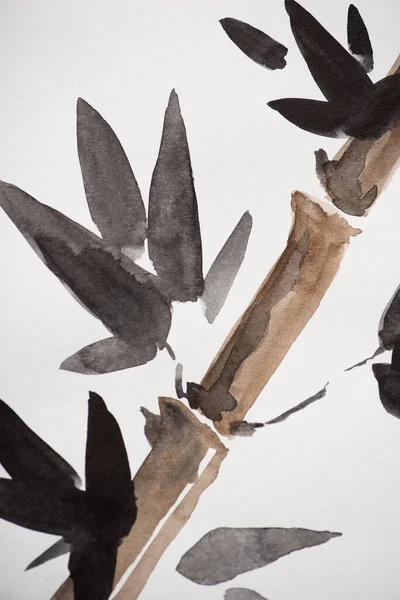 Японський живопис з бамбуком і листя на білому — стокове фото