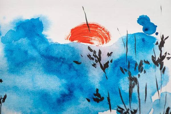 Pintura japonesa con cielo azul, ramas y sol sobre blanco - foto de stock