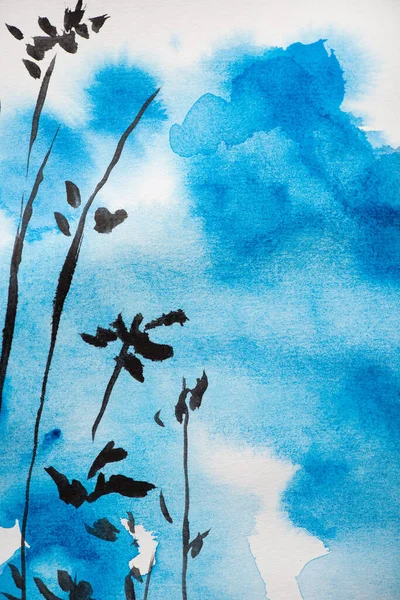 Pintura japonesa con cielo azul y ramas en blanco - foto de stock