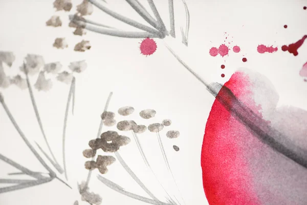 Japanese painting with flowers and pink circle on white background — Stock Photo