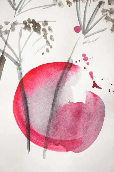 Japanese painting with flowers and pink circle on white — Stock Photo
