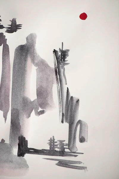 Японская картина, окрашенная серой акварелью на белом — стоковое фото