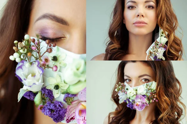 Collage of young woman in face mask with flowers isolated on grey — Stock Photo