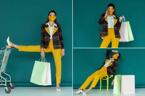 Collage di ragazza alla moda in posa con borse della spesa, seduto sulla sedia e assumendo smartphone su blu — Foto stock
