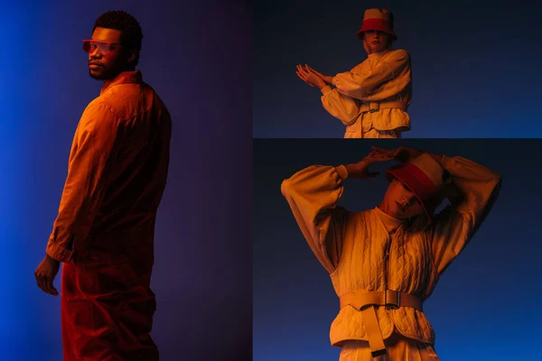 Collage avec femme interracial à la mode et homme afro-américain posant dans un look futuriste sur bleu dans la lumière orange — Photo de stock