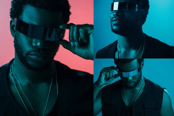 Collage with futuristic african american man in sunglasses posing on blue and pink with blue light — Stock Photo