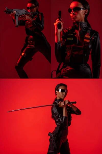 Collage de mujer afroamericana futurista en gafas con arma sobre fondo rojo - foto de stock