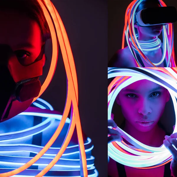 Collage di futuristica donna afroamericana in respiratore, auricolare vr e illuminazione al neon — Stock Photo