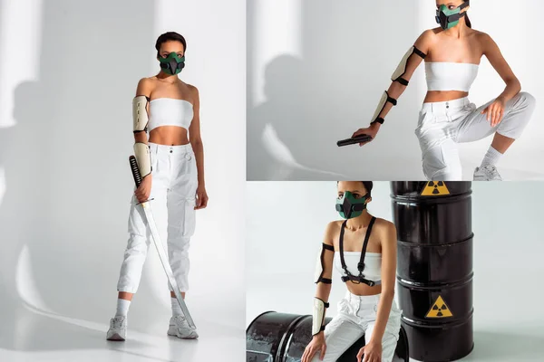 Collage of futuristic african american woman in safety mask with weapon near radioactive waste barrels on white background — Stock Photo