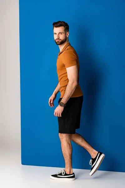 Joven elegante posando en pantalones cortos y polo marrón en gris y azul - foto de stock