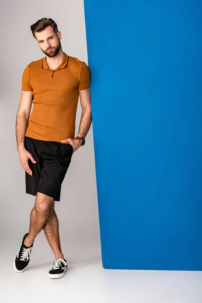 Schöner, stylischer bärtiger Mann posiert in Shorts und braunem Polo auf grau und blau — Stockfoto