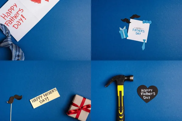 Collage of mens accessories, decorative paper elements, hammer, box gift and greeting cards with lettering happy fathers day — Stock Photo