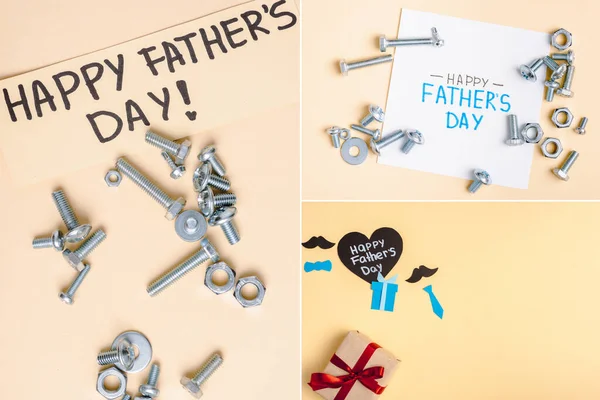 Image divisée avec écrous et boulons en métal et cartes de vœux avec lettrage heureux jour des pères sur fond beige — Photo de stock