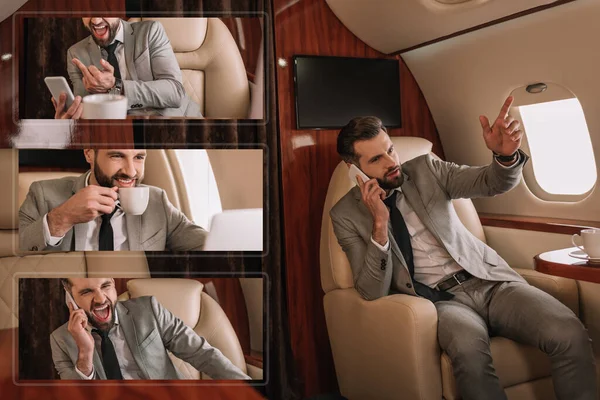 Collage de hombre de negocios gritando y mostrando el dedo medio mientras habla en el teléfono inteligente, y beber café en avión privado - foto de stock