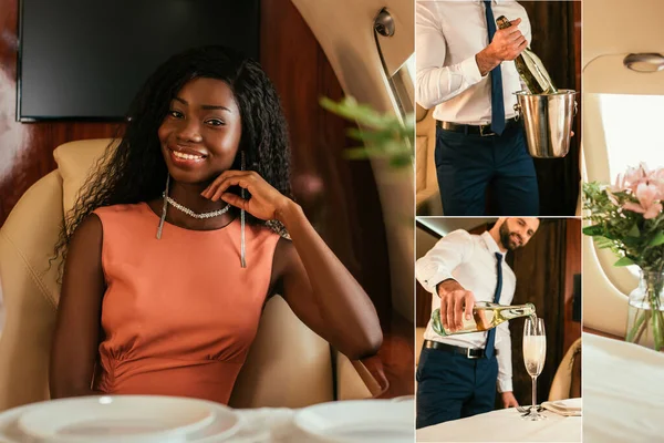 Collage di sorridente, elegante donna afroamericana guardando la fotocamera, e air steward con secchio di champagne e bottiglia versare bevanda in vetro — Foto stock