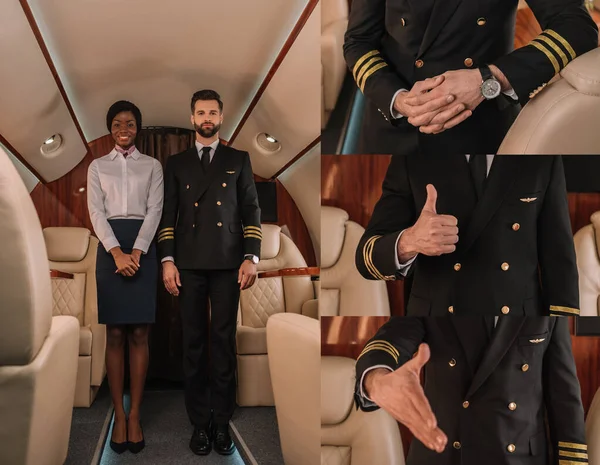 Colagem de piloto na aeromoça afro-americana sorridente olhando para a câmera em jato privado, e vista recortada de gesticulando piloto — Fotografia de Stock