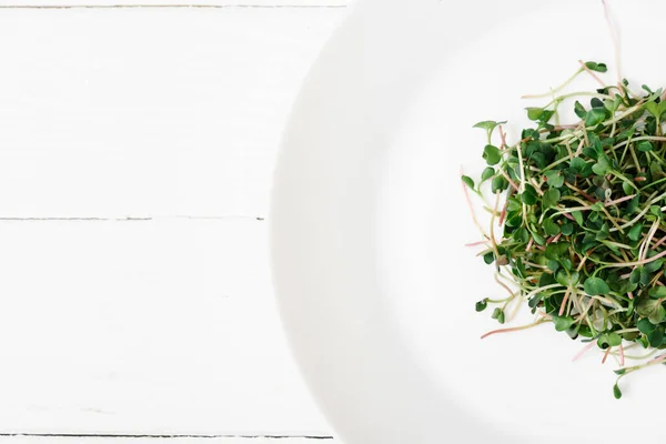 Top view of fresh microgreen on plate on white wooden surface — Stock Photo