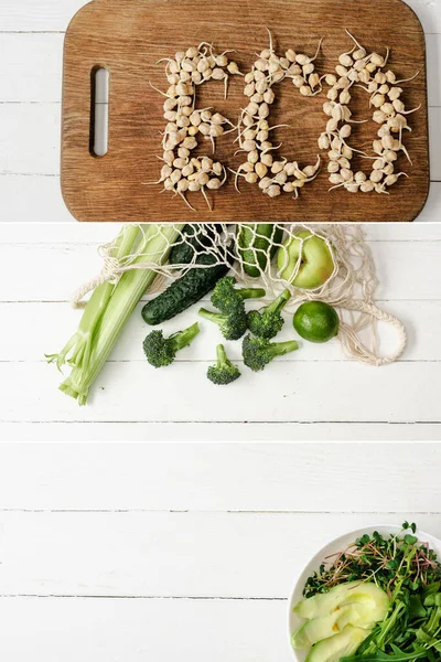 Colagem de palavra ecológica feita de brotos, frutas e legumes verdes em saco de cordas e tigela de microverde e abacate em mesa de madeira branca — Fotografia de Stock