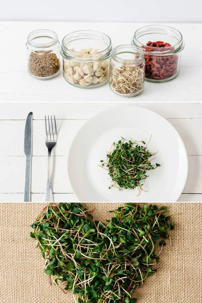 Collage of fresh microgreen on plate with cutlery, heart of microgreen on sackcloth and glass jars with superfood on white wooden surface — Stock Photo