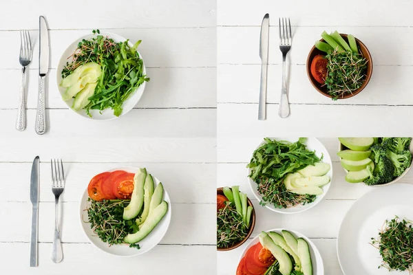 Collage of bowls with fresh green vegetables and microgreen near cutlery on white wooden surface — Stock Photo