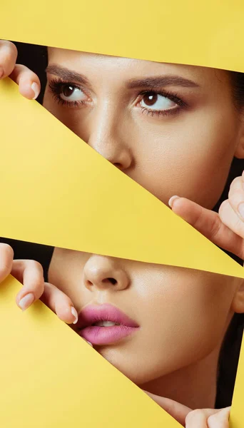 Колаж жінки з макіяжем дивиться на трикутну діру і торкається жовтого паперу пальцями — стокове фото