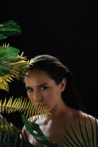 Brünettes Mädchen schaut auf Kamera mit Blättern isoliert auf schwarz — Stock Photo