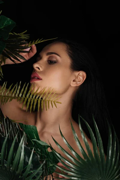 Sexy fille avec des feuilles vertes isolées sur noir — Photo de stock