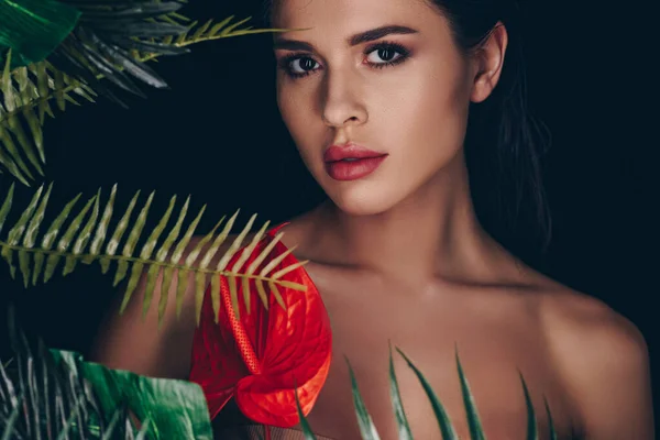 Beautiful girl with red anthurium and leaves looking at camera isolated on black — Stock Photo