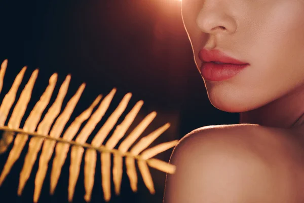 Cropped view of woman near fern leaf on black — Stock Photo