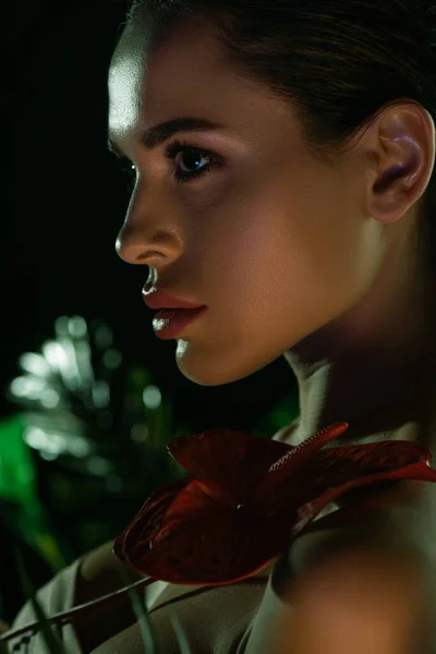 Profile of attractive woman with anthurium isolated on black — Stock Photo