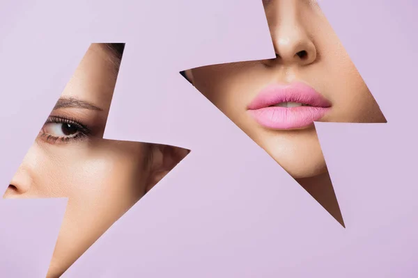 Collage of female face with pink lips and woman looking away across hole in violet paper — Stock Photo