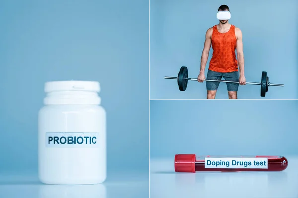 Collage de deportista en casco de realidad virtual ejercitando con barra y botella con probiótico, probeta con dopaje test lettering sobre azul - foto de stock