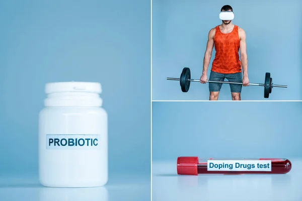 Collage de deportista en casco de realidad virtual ejercitando con barra y botella con probiótico, probeta con dopaje test lettering sobre azul - foto de stock