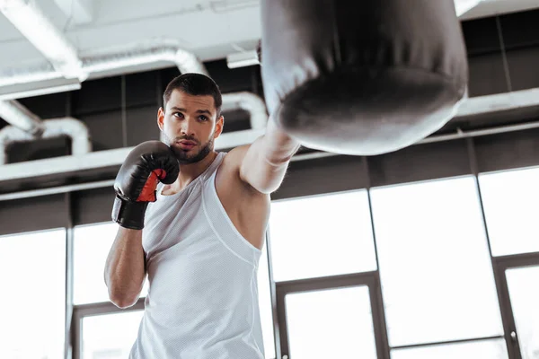 Foco seletivo de desportista bonito em luvas de boxe exercício com saco de perfuração — Fotografia de Stock