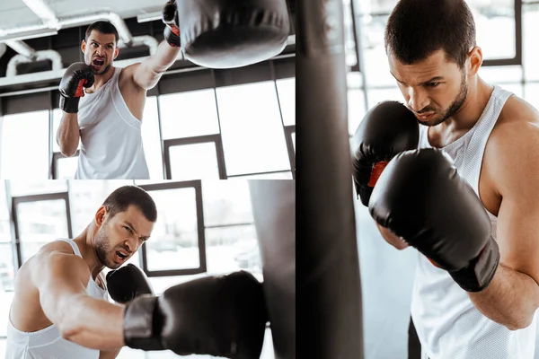 Collage di sportivo emotivo in guanti da boxe allenamento con sacco da boxe nel centro sportivo — Foto stock