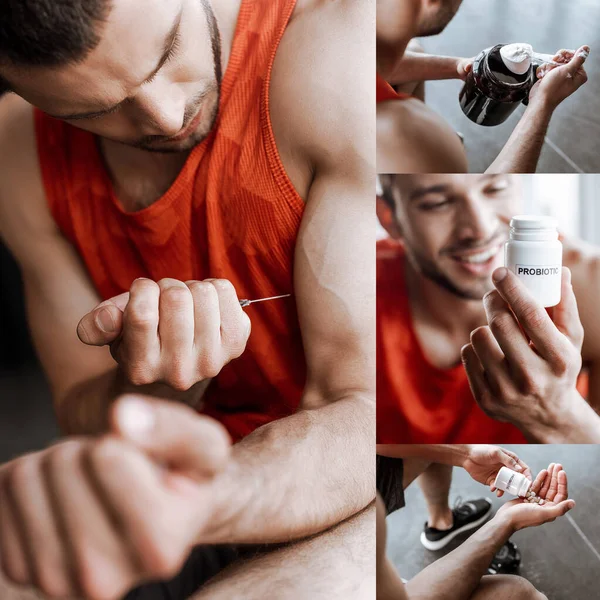 Collage de sportif faisant injection de dopage, souriant, tenant un pot avec de la poudre de protéines, une bouteille de probiotique et des pilules — Photo de stock