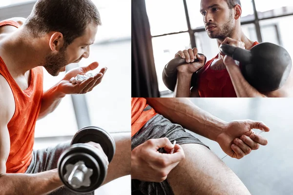 Collage de hombre deportista con la boca abierta haciendo ejercicio con pesas, sosteniendo píldoras probióticas y haciendo inyección de dopaje - foto de stock