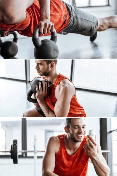 Collage de sportif heureux regardant bouteille avec lettrage probiotique et l'exercice avec haltères dans la salle de gym — Photo de stock