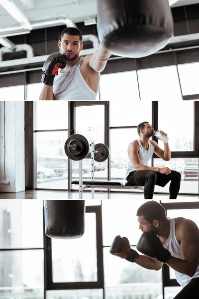 Collage del hombre en guantes de boxeo haciendo ejercicio con saco de boxeo y bebiendo batido de proteína cerca de la barra de pesas en el gimnasio - foto de stock