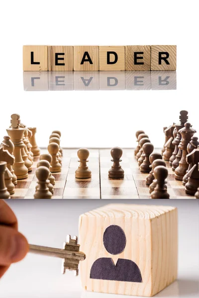 Collage aus Würfeln mit Leader-Schriftzug, Schach auf Schachbrett und Männerhand mit Schlüssel auf Weiß — Stockfoto