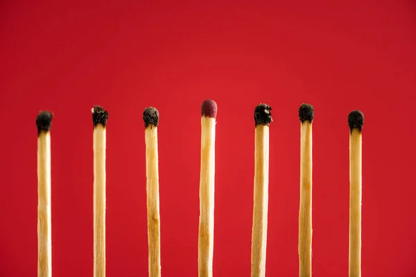 Unburned match among another isolated on red — Stock Photo